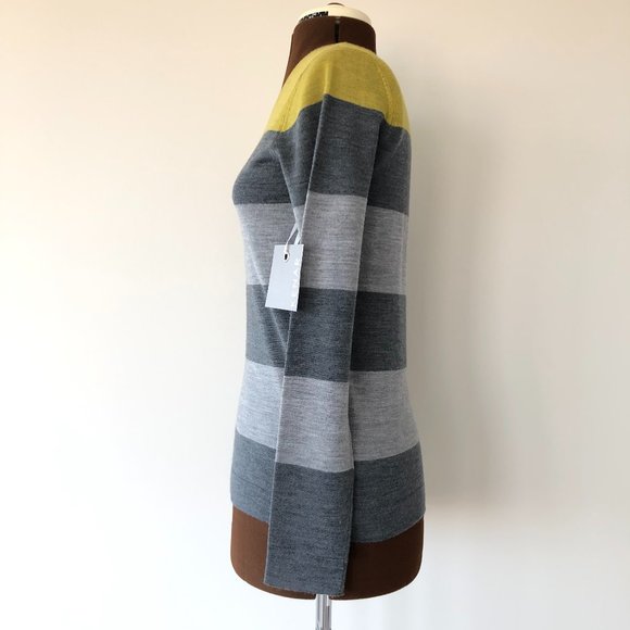 Grey and Yellow Striped Wool Crewneck Sweater - Picture 2 of 7